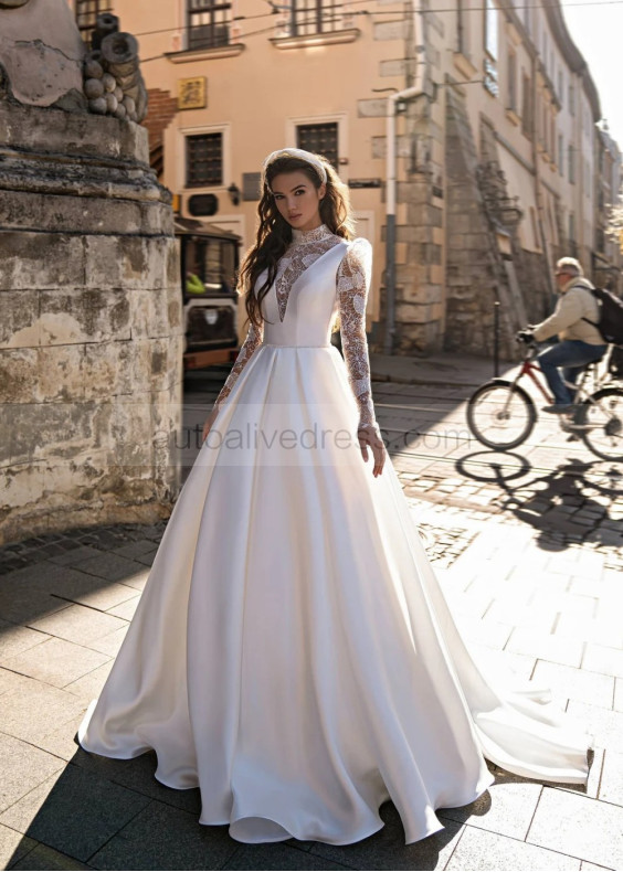 Long Sleeves Ivory Satin Lace Classic Wedding Dress